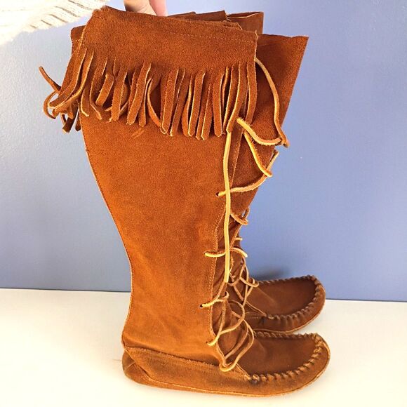 Vintage Minnetonka 1322 Knee High Lace Up Leather Sole Moccasin Boots 7 Boho - Picture 2 of 9